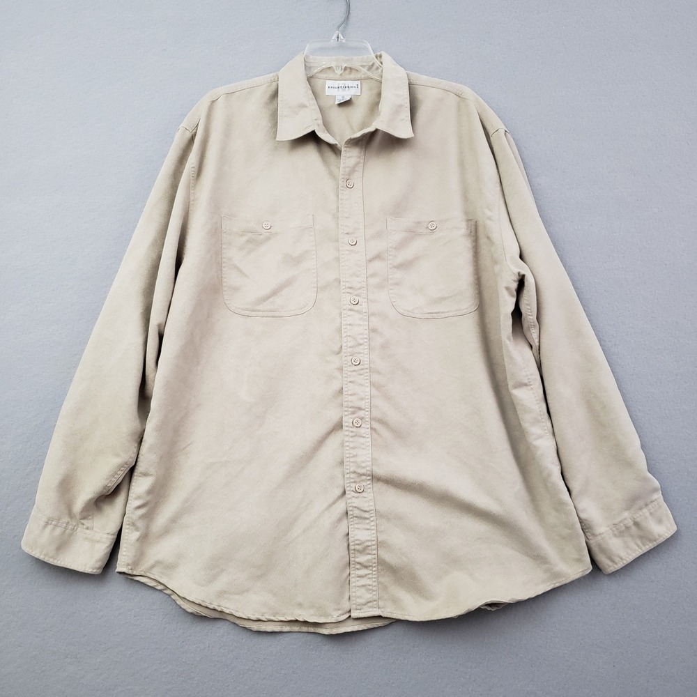 VTG Knightsbridge Mens XL Tan Faux Suede Long Sleeve Button Up Shirt Two Pocket